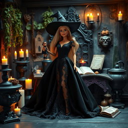 A Barbie doll styled as a witch, dressed in a flowing black gown with intricate lace details