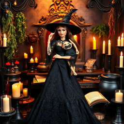 A Barbie doll styled as a witch, dressed in a flowing black gown with intricate lace details
