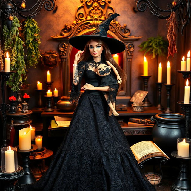 A Barbie doll styled as a witch, dressed in a flowing black gown with intricate lace details