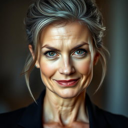 A 57-year-old woman with elegantly styled gray hair pulled up, featuring an intriguing expression with a slight smile and a challenging, curious gaze