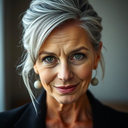 A 57-year-old woman with elegantly styled gray hair pulled up, featuring an intriguing expression with a slight smile and a challenging, curious gaze