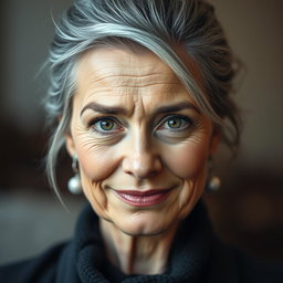 A 57-year-old woman with elegantly styled gray hair pulled up, featuring an intriguing expression with a slight smile and a challenging, curious gaze