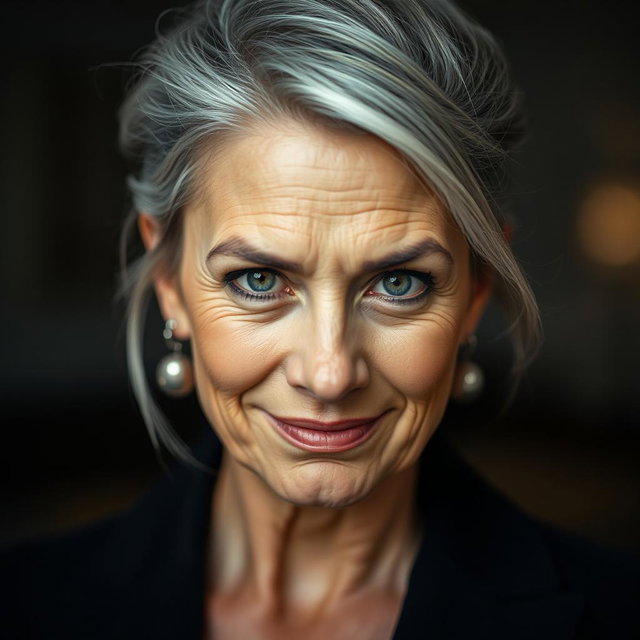 A 57-year-old woman with elegantly styled gray hair pulled up, featuring an intriguing expression with a slight smile and a challenging, curious gaze
