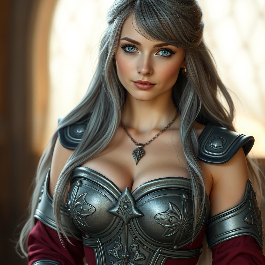 A realistic photo of a busty, innocent, and delicate yet athletic beautiful cleric of the life domain