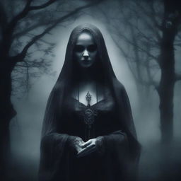 An album cover featuring a mysterious and beautiful ghost woman, portrayed in a gothic style. She's ethereal, surrounded by dark and gloomy atmosphere.