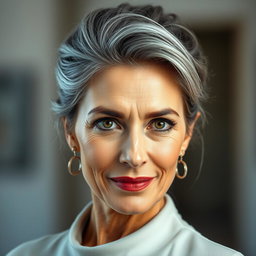 A 57-year-old woman with elegantly styled gray hair pulled up, exhibiting an intriguing expression with a slight smile and a challenging yet curious gaze
