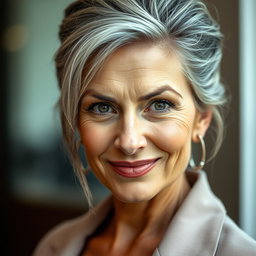 A 57-year-old woman with elegantly styled gray hair pulled up, exhibiting an intriguing expression with a slight smile and a challenging yet curious gaze