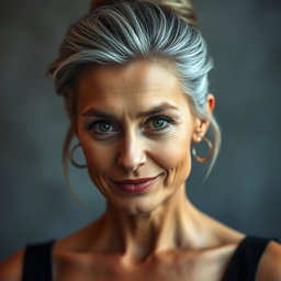 A 57-year-old woman with elegantly styled gray hair pulled up, exhibiting an intriguing expression with a slight smile and a challenging yet curious gaze