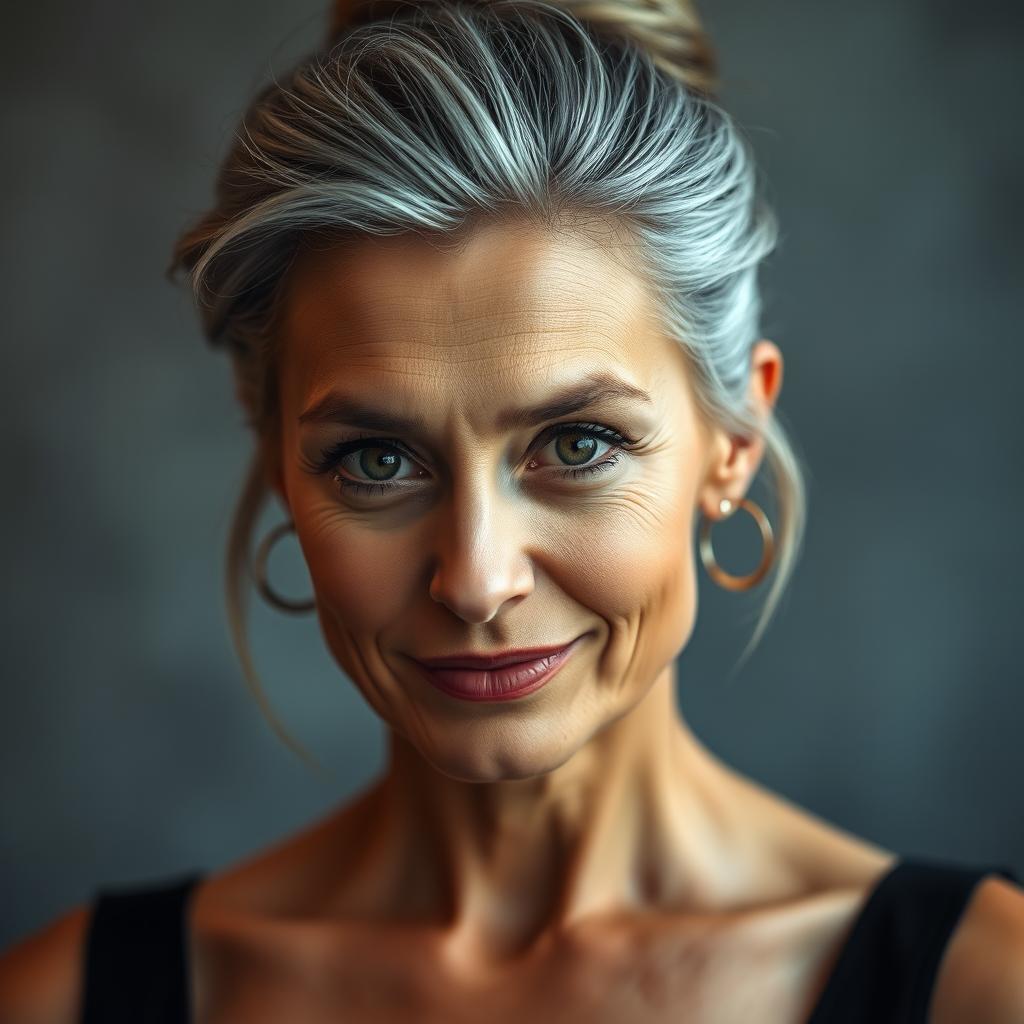A 57-year-old woman with elegantly styled gray hair pulled up, exhibiting an intriguing expression with a slight smile and a challenging yet curious gaze