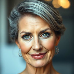A 57-year-old woman with elegantly styled gray hair pulled up, exhibiting an intriguing expression with a slight smile and a challenging yet curious gaze