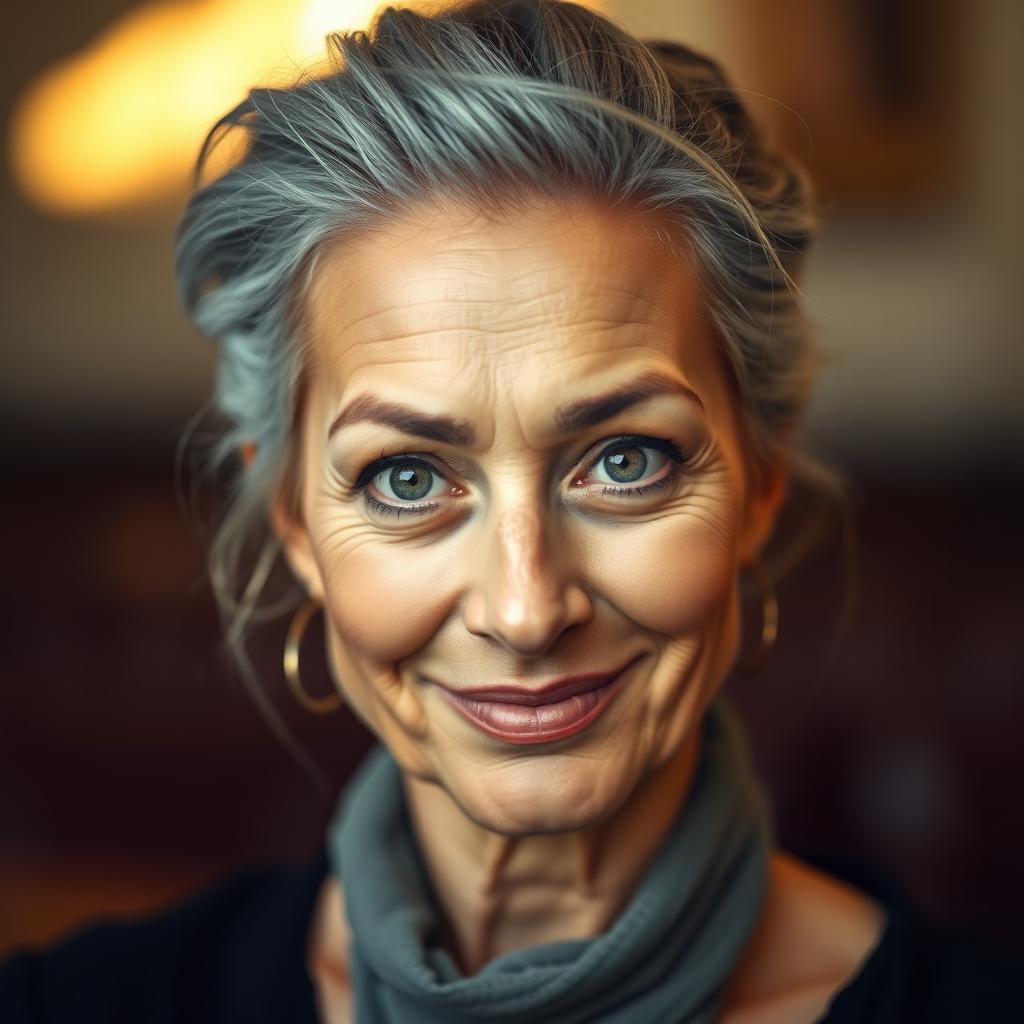 A 57-year-old woman with elegantly styled gray hair pulled up, displaying an intriguing expression with a slight smile and a challenging yet curious gaze