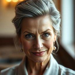 A 57-year-old woman with elegantly styled gray hair pulled up, displaying an intriguing expression with a slight smile and a challenging yet curious gaze