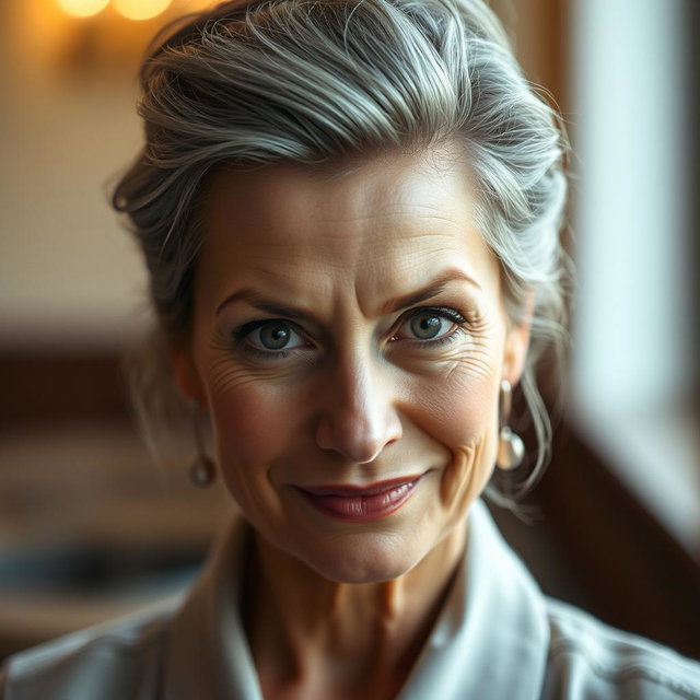 A 57-year-old woman with elegantly styled gray hair pulled up, displaying an intriguing expression with a slight smile and a challenging yet curious gaze