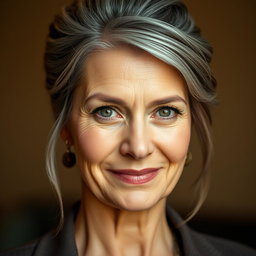 A 57-year-old woman with elegantly styled gray hair pulled up, displaying an intriguing expression with a slight smile and a challenging yet curious gaze