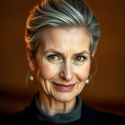 A 57-year-old woman with elegantly styled gray hair pulled up, displaying an intriguing expression with a slight smile and a challenging yet curious gaze