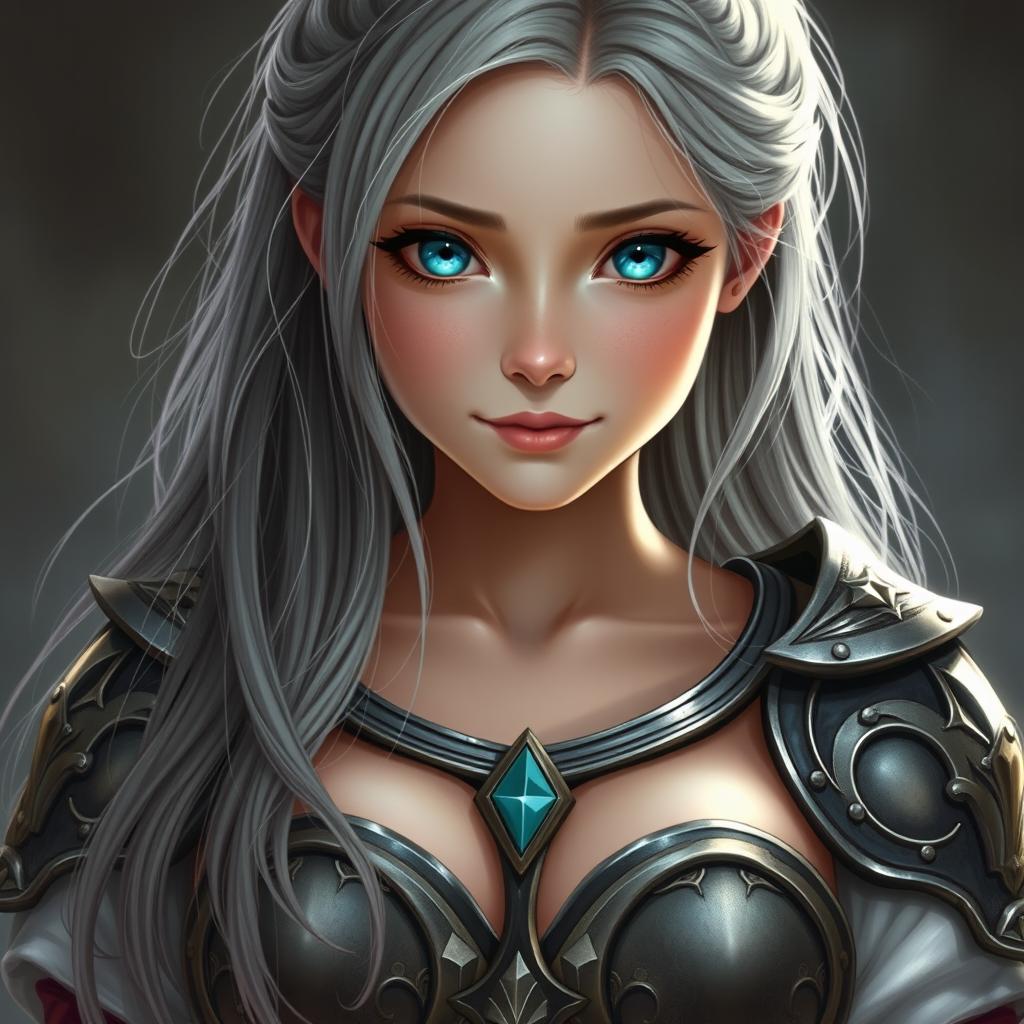 A realistic portrait of a busty, innocent, and delicate yet athletic cleric of the life domain