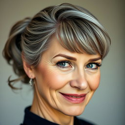 A 57-year-old woman with elegantly styled gray hair pulled back, displaying an intriguing expression with a slight smile and a challenging, curious gaze