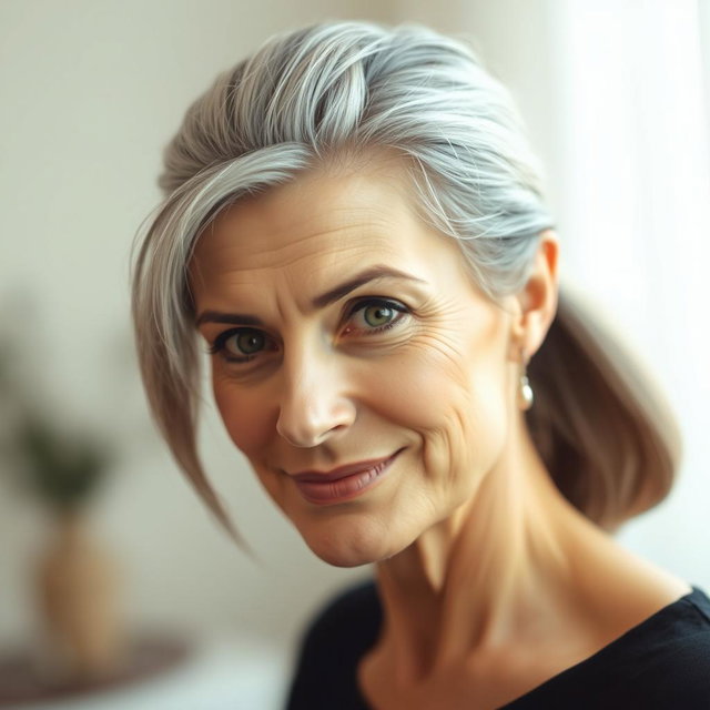 A 57-year-old woman with elegantly styled gray hair pulled back, displaying an intriguing expression with a slight smile and a challenging, curious gaze