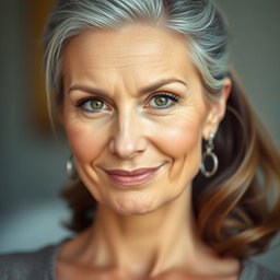 A 57-year-old woman with elegantly styled gray hair pulled back, displaying an intriguing expression with a slight smile and a challenging, curious gaze