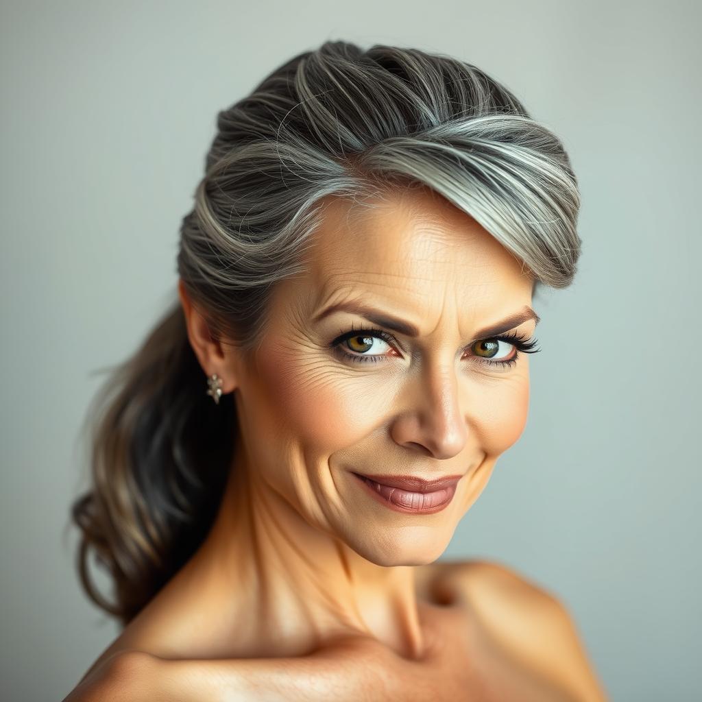A 57-year-old woman with elegantly styled gray hair pulled back, displaying an intriguing expression with a slight smile and a challenging, curious gaze