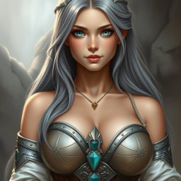 A realistic depiction of a busty, innocent, and delicate cleric of the life domain