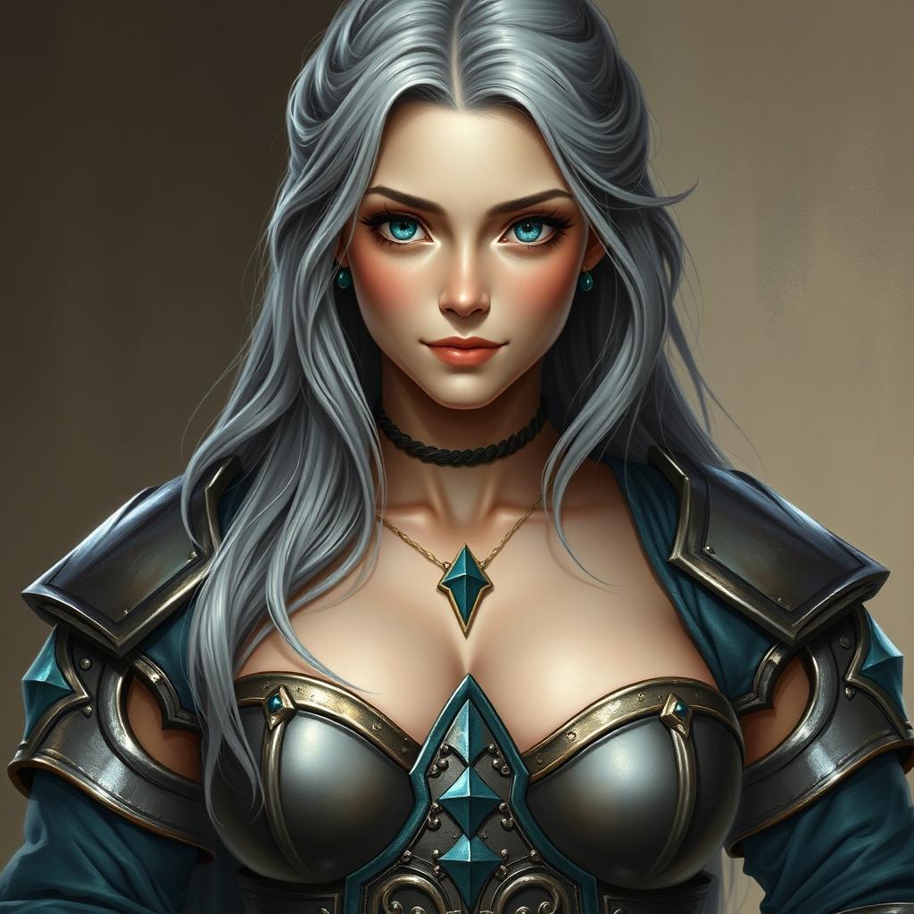 A realistic depiction of a busty, innocent, and delicate cleric of the life domain