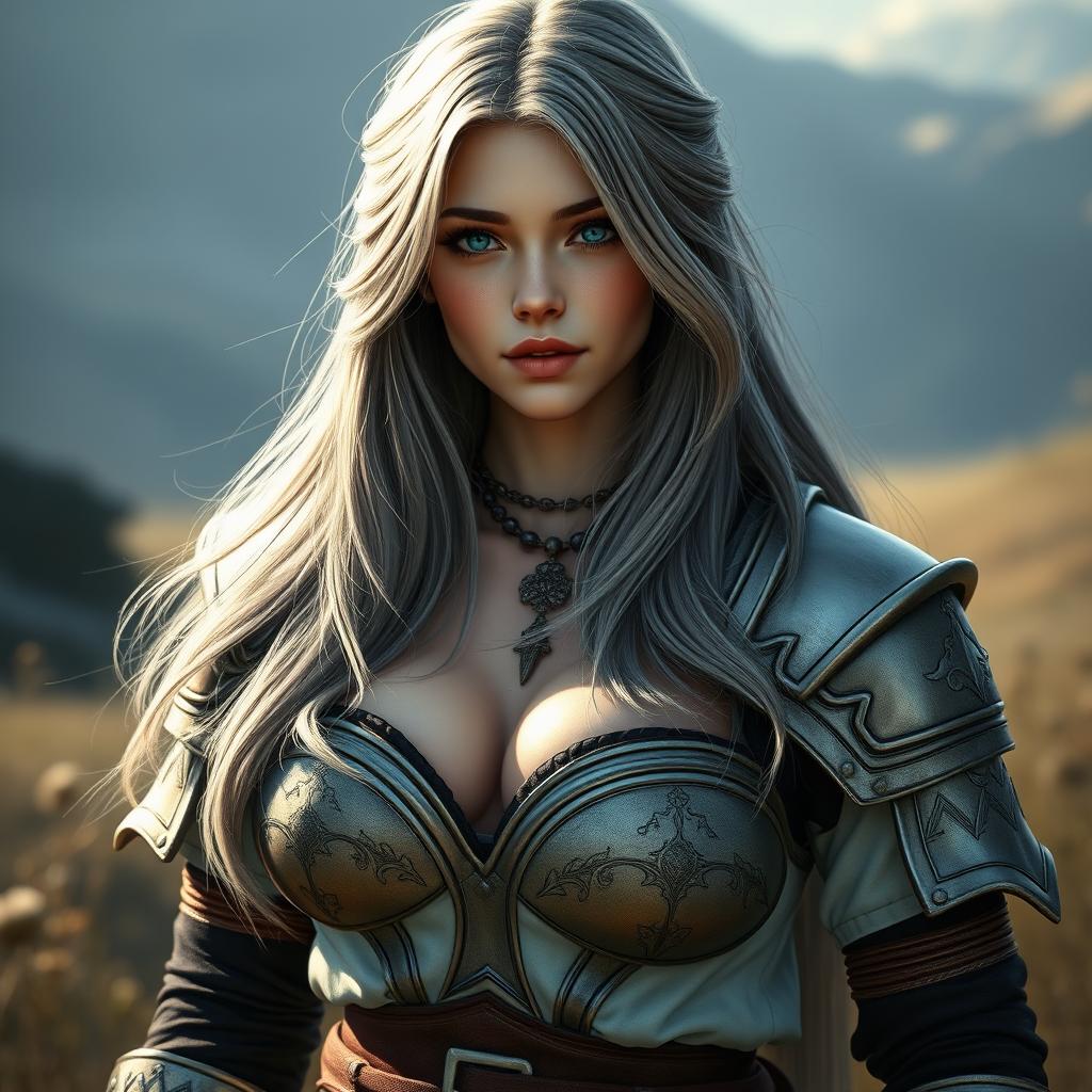 A realistic photo of a busty, delicate yet athletic cleric girl, embodying a shy and sexy demeanor