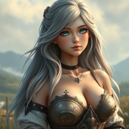 A realistic photo of a busty, delicate yet athletic cleric girl, embodying a shy and sexy demeanor