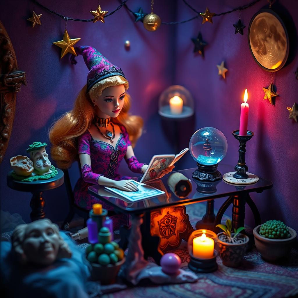 A mystical 80s-inspired Barbie, dressed in vibrant colors and bold patterns, sits at a small, enchanting table