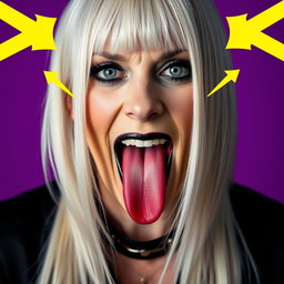 A vivid close-up of a 57-year-old woman with long, straight platinum blonde hair cascading around her shoulders