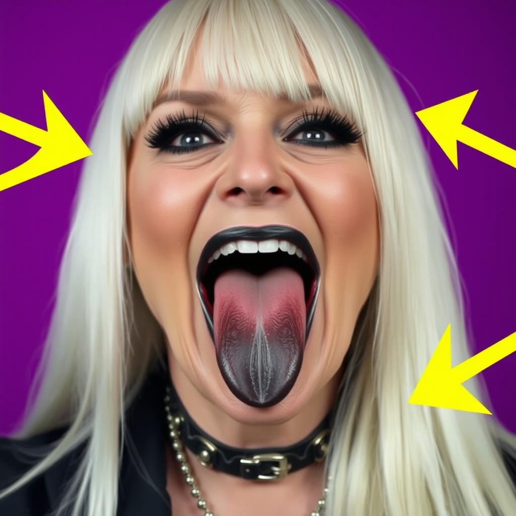 A vivid close-up of a 57-year-old woman with long, straight platinum blonde hair cascading around her shoulders
