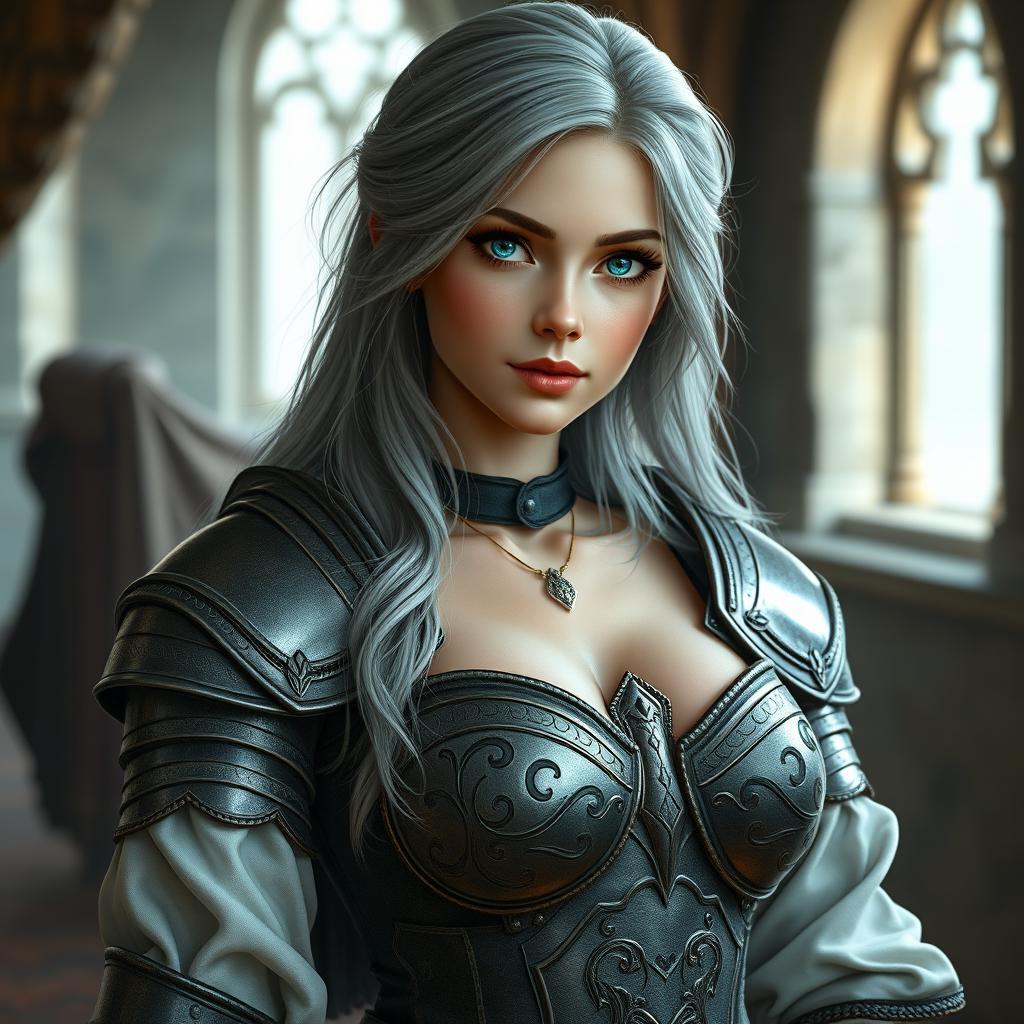 A realistic photo of a busty, delicate but athletic, shy yet sexy cleric girl