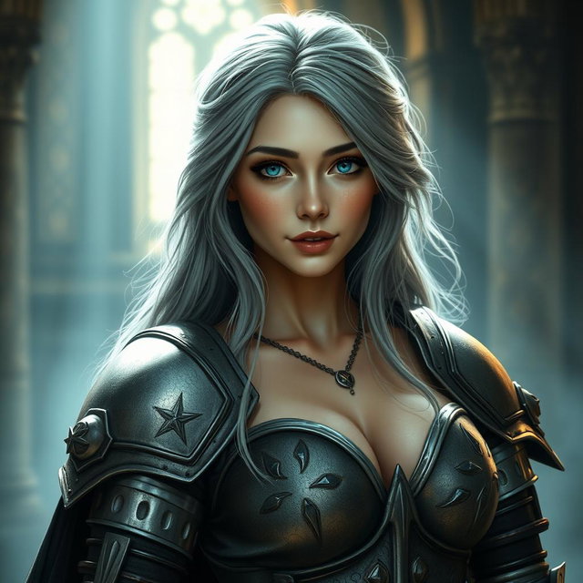 A realistic photo of a busty, delicate but athletic, shy yet sexy cleric girl