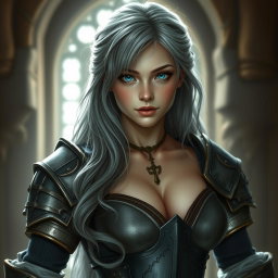 A realistic photo of a busty, delicate but athletic, shy yet sexy cleric girl