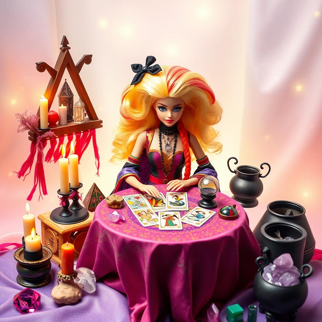 A mystical 80s-style Barbie, with big colorful hair and a stylish outfit typical of the decade, sitting at a small round table adorned with a vibrant tablecloth