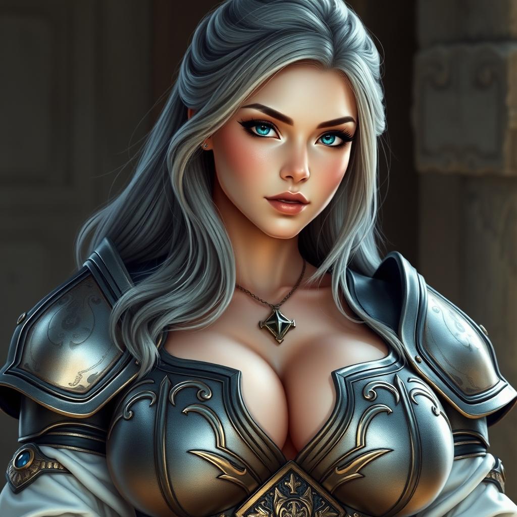 A realistic photo of a busty, delicate but athletic, shy yet sexy cleric