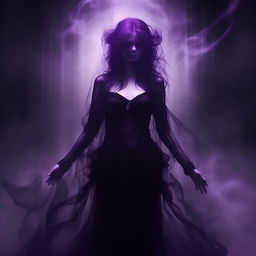 An album cover featuring a mysterious and beautiful ghost woman, portrayed in a gothic style. She's ethereal, shrouded in shades of black and purple with a hauntingly beautiful aura.