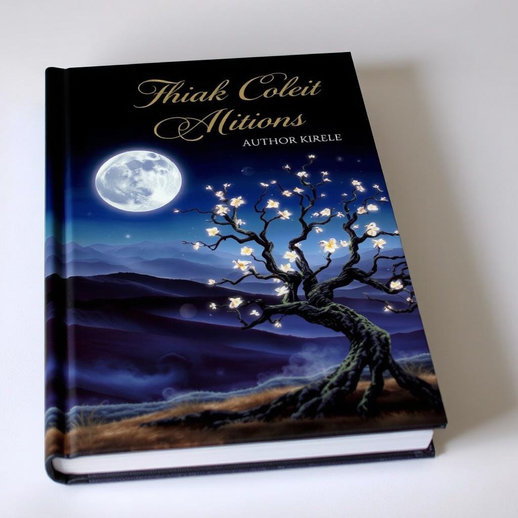 A captivating book cover design featuring a mysterious landscape at twilight, with rolling hills and a large, shimmering moon casting a silvery glow over the scene