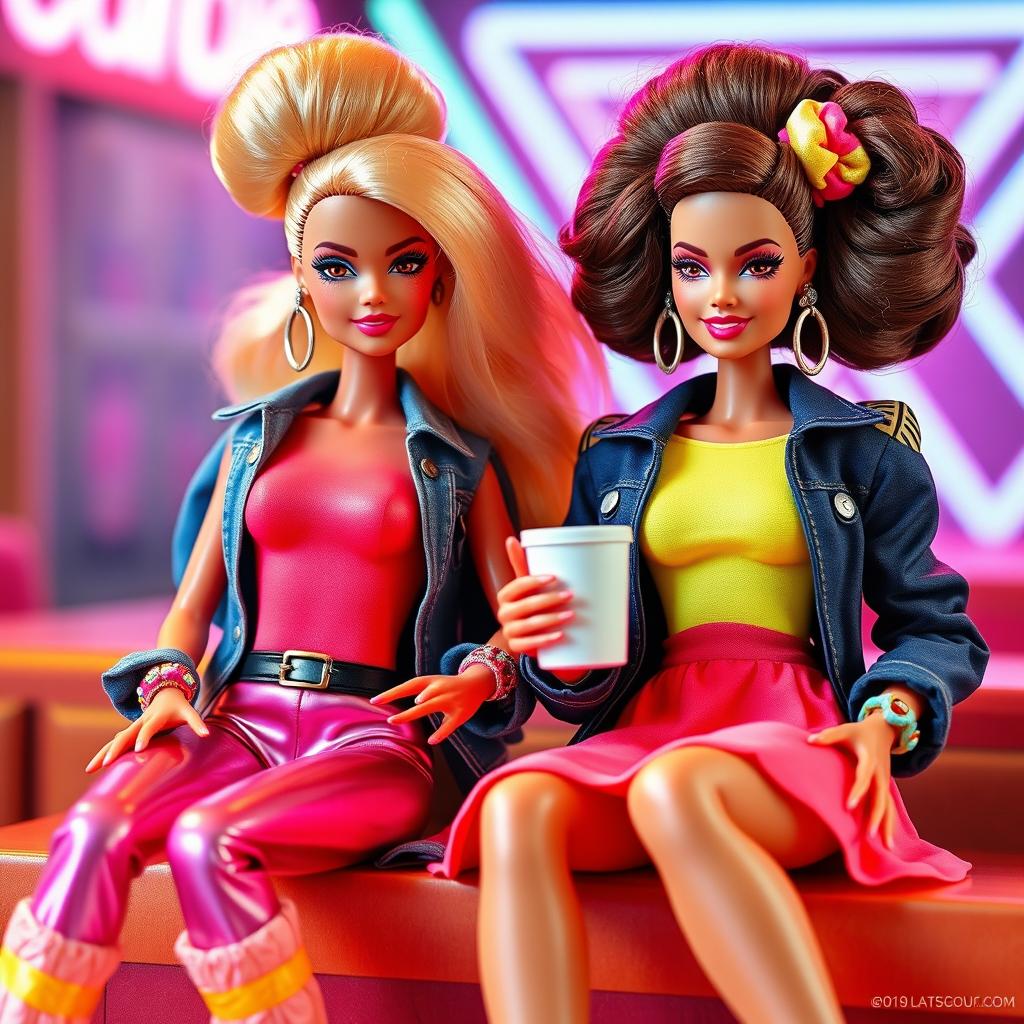 Two 1980s-inspired Barbie dolls with colorful outfits and voluminous hairstyles