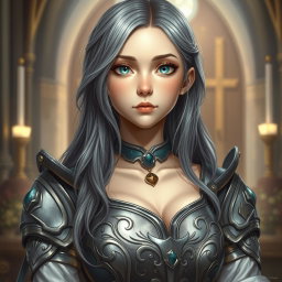 A realistic portrait of a delicate yet athletic cleric girl with a shy demeanor
