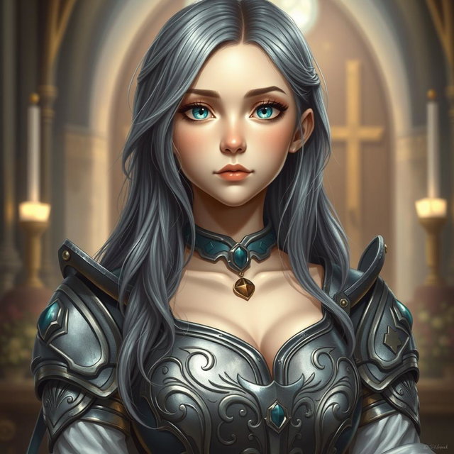 A realistic portrait of a delicate yet athletic cleric girl with a shy demeanor