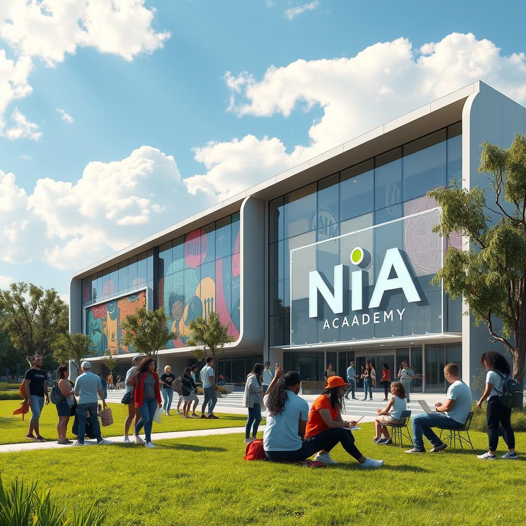 A futuristic academy campus, named Nia Academy, set in a serene landscape featuring lush greenery and modern architecture