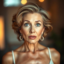 A stunning 60-year-old woman with an expression of surprise, positioned front-facing and looking directly at the camera