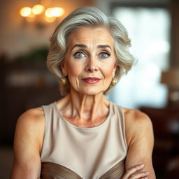 A stunning 60-year-old woman with an expression of surprise, positioned front-facing and looking directly at the camera