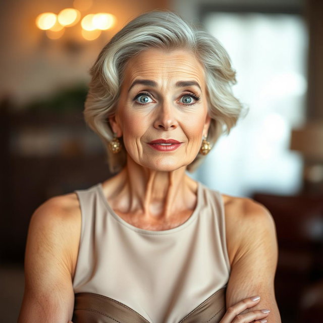 A stunning 60-year-old woman with an expression of surprise, positioned front-facing and looking directly at the camera