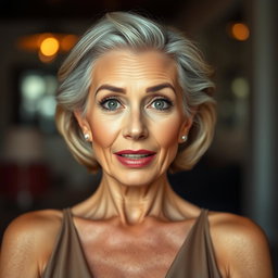 A stunning 60-year-old woman with an expression of surprise, positioned front-facing and looking directly at the camera