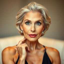A stunning 60-year-old woman with an expression of surprise, positioned front-facing and looking directly at the camera