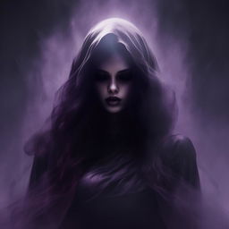 An album cover featuring a mysterious and beautiful ghost woman, portrayed in a gothic style. She's ethereal, shrouded in shades of black and purple with a hauntingly beautiful aura.