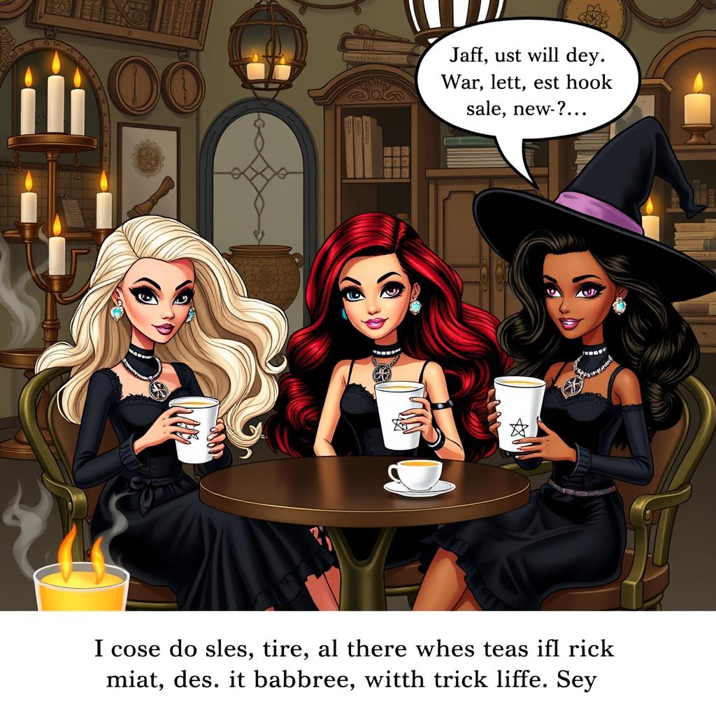 Three Barbies with different hairstyles and skin tones, sitting in a magical salon while drinking coffee