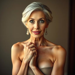 A stunning 60-year-old woman with an expression of surprise, positioned front-facing and looking directly at the camera
